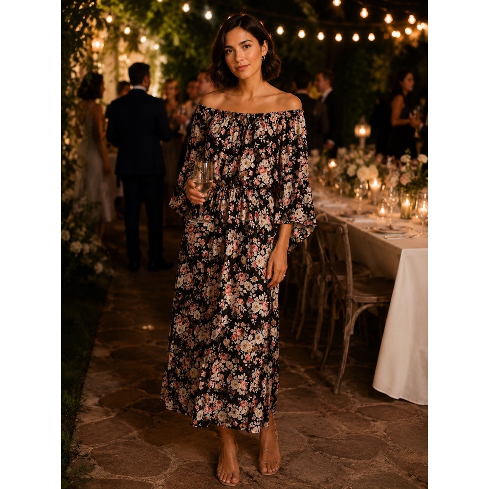 MEDIUM Floral Maxi Dress Black Off Shoulder Bell Sleeve WHIMSIGOTH FAIRY BOHO
